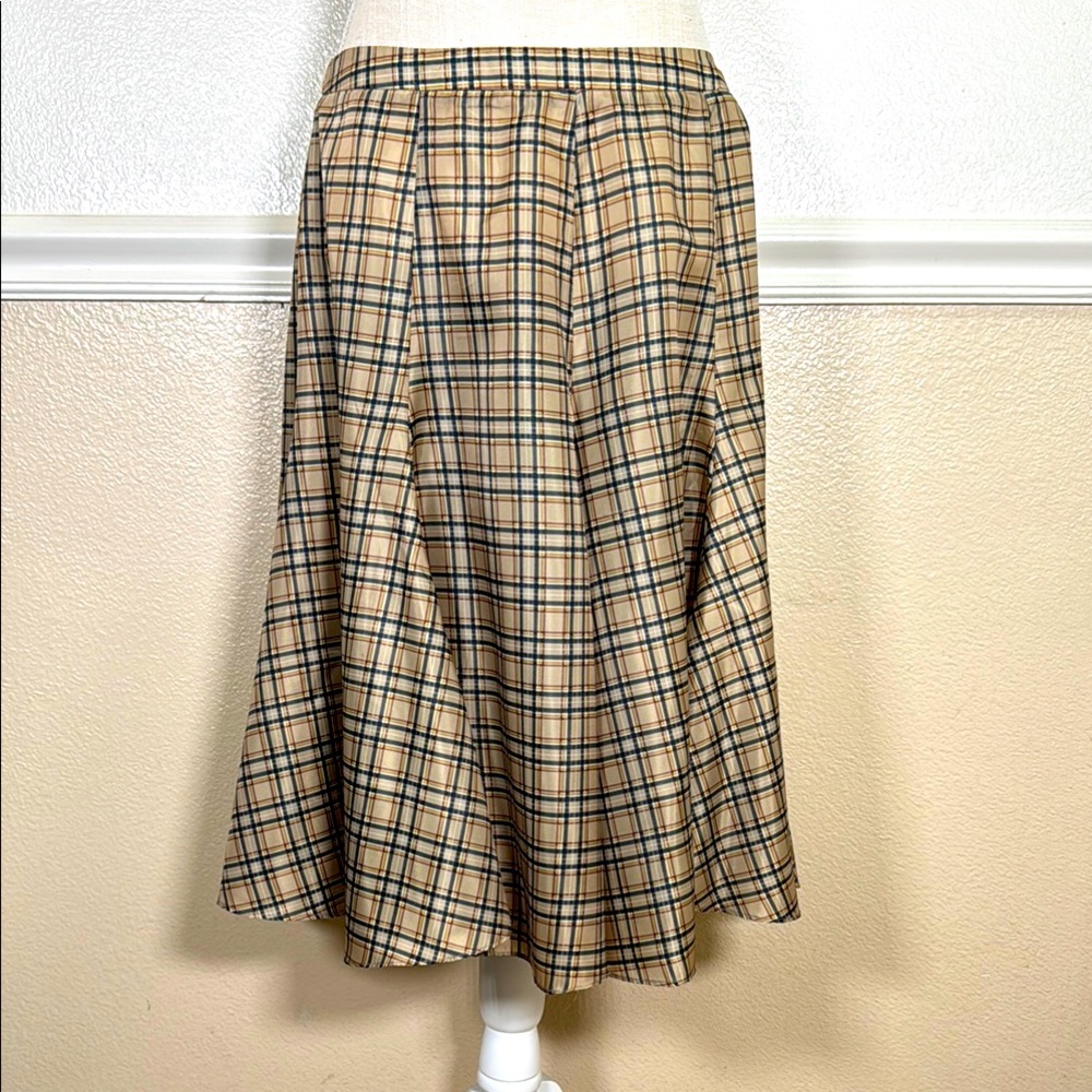 Betsey Johnson Tan and Black Plaid Midi Flare Skirt Vintage 90s